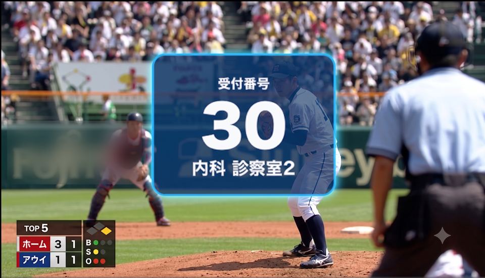 スポーツ中継が流れているテレビ画面に、受付番号30番・内科診察室2の呼び出しカードが重なって表示されているイメージ